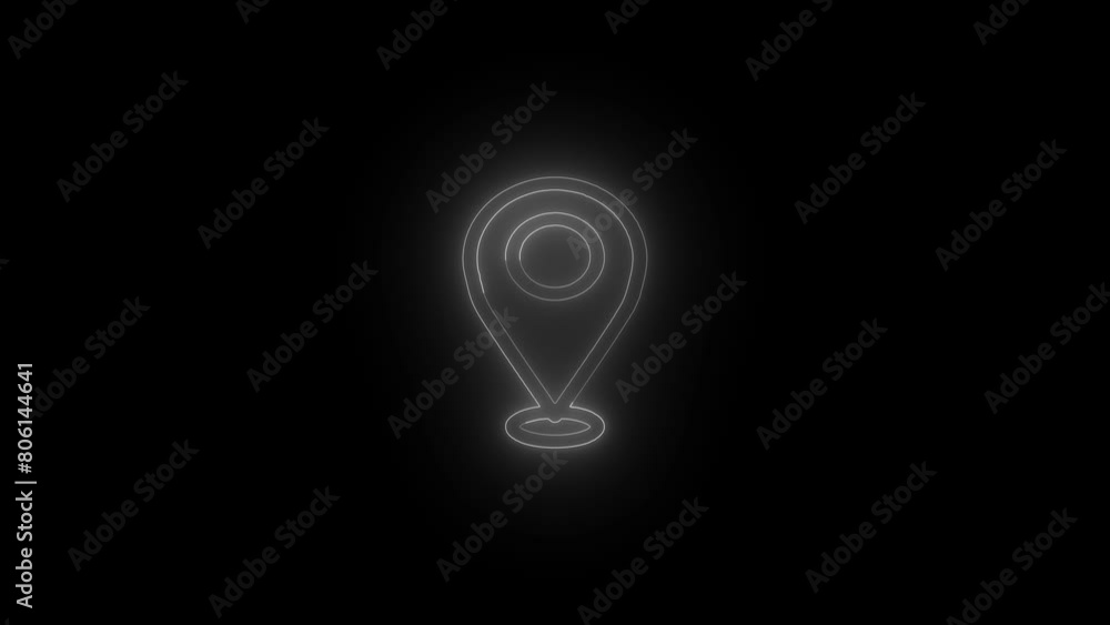 Poster neon location icon and located map pin marker animation on black background.