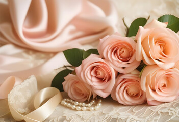 A bouquet of silk roses with lace and pearls on a textured background