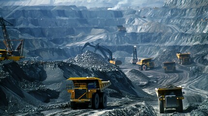 Work of trucks and the excavator in an open pit on gold mining