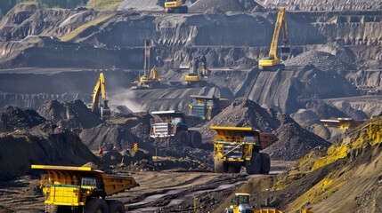 Work of trucks and the excavator in an open pit on gold mining