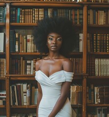 An African American woman with big curly hair wearing a white strapless dress standing in front of bookshelves.