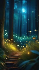 Vertical shot, Fantasy forest fairytale with fireflies. Fairy tale woods with motion fog and flying glow fireflies. The path leading through fairytale forest