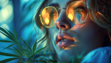 Cannabis themed picture of beautiful woman wearing sunglasses with cannabis leaves reflecting in the glasses, dark and mysterious vibe