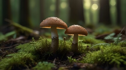 Mushrooms Growing on Mossy Ground Bathed in Sunlight - Ideal for Nature Photography, Environmental Campaigns, Educational Materials, and Inspirational Posters
