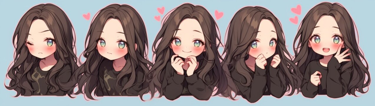 Chibi Drawings Of Full Body Anime Girls With Different Hair Styles. Dark Brown Long Wavy Hair