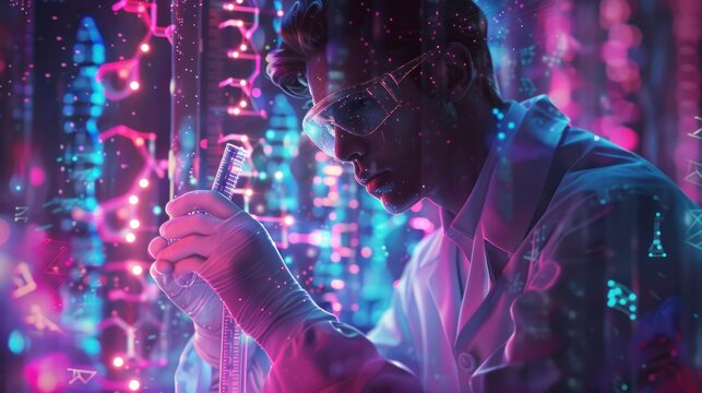 Immerse yourself in the realm of personalized medicine with a wide banner hologram presenting a scientist conducting pharmaceutical research, holding medical testing tubes