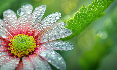 Tiny world on petal, dewdrops reflect the garden