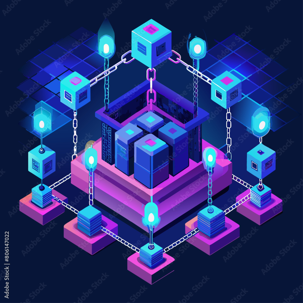 Poster digital blockchain concept backgrounds with glowing chains on dark, vivid bases for financial techno