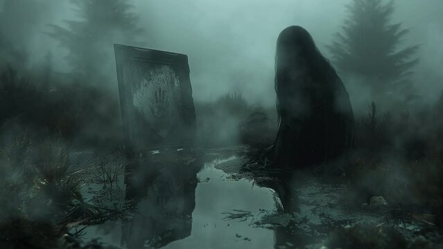 A gloomy person with a mystical mirror in the fog