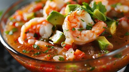 A refreshing seafood gazpacho soup, chilled to perfection and brimming with shrimp, crab meat, avocado, and diced vegetables, a summer sensation.