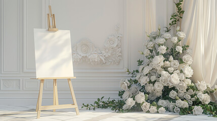 Easel displaying white portrait board against French wall with draped linen. Cascading bouquet nearby, white, cream, blush flowers, silver green foliage. Solid straight-edged board on easel, increased