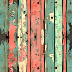 Rustic Wood Illustration in Red and Green Pastel Colors, Seamless Pattern
