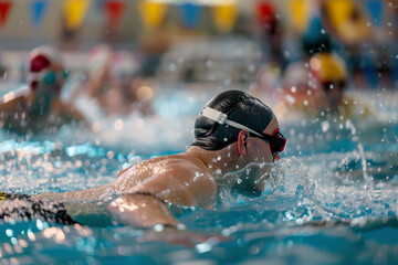 The foreground swimmer, wearing a white and black swim cap and goggles, executes a breaststroke, creating dynamic splashes in the brightly lit pool.  