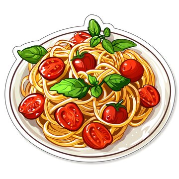 spaghetti with tomatoes and basil on plate clip art preview