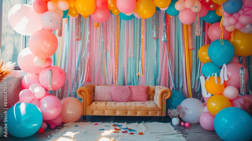 Poster a room with a couch and a bunch of balloons. the balloons are in different colors and sizes, and the