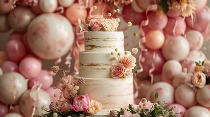 A three tier wedding cake with pink flowers and pink balloons in the background - Powered by Adobe
