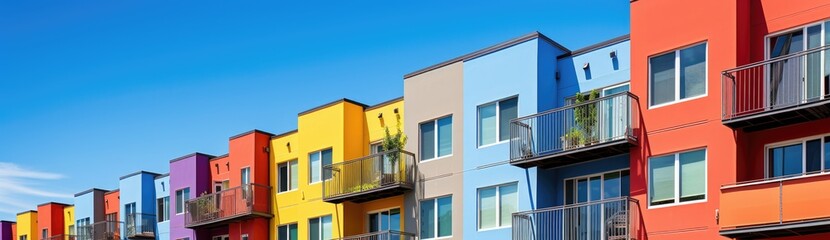 Fototapeta premium Eye-Catching Design: Colorful Bay Windows Enhance the Exterior of Residential Complex
