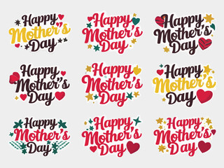 Happy mothers day typography stickers with diverse fonts hearts star vector design