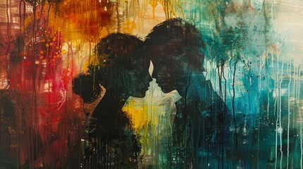 A painting of two people kissing with a splash of color. The painting is abstract and has a romantic mood