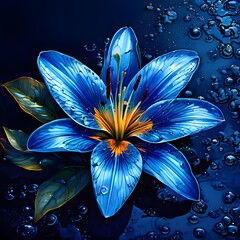 A blue flower with yellow petals blooming in the water
