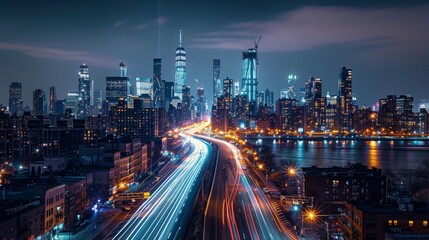 Fototapeta premium Stunning night view of the modern city skyline with dynamic light trails on buildings and busy streets below. Generative AI.