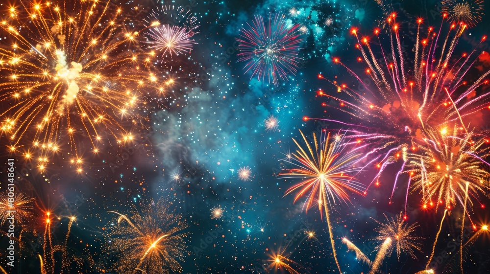 Poster A fireworks display in the sky with a blue background. The fireworks are in different colors and are lit up