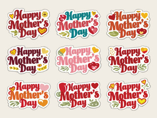 Happy mothers day typography stickers with diverse fonts hearts star vector design