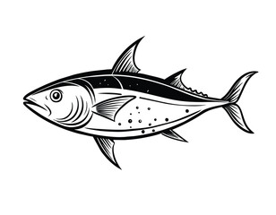 Tuna black outline in sketch style on white background, vector illustration