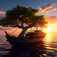 A tree in the middle of a ship in the water