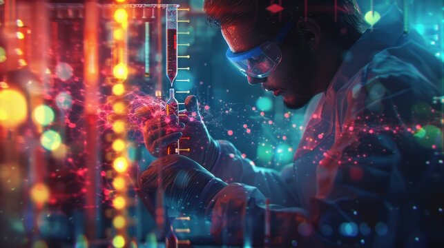 Immerse yourself in the world of cutting-edge science with a wide banner hologram featuring a scientist holding medical testing tubes 