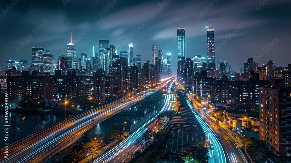 Poster stunning night view of the modern city skyline with dynamic light trails on buildings and busy stree