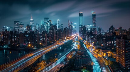 Obraz premium Stunning night view of the modern city skyline with dynamic light trails on buildings and busy streets below. Generative AI.