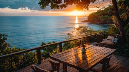 Wooden table top on the background of a tropical beach at the sea Enjoy panoramic views of the ocean.