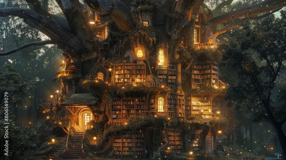 Poster a tree house with many bookshelves and a lot of lights. scene is whimsical and magical