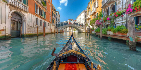 A gondola gliding through the canals , boat in canals