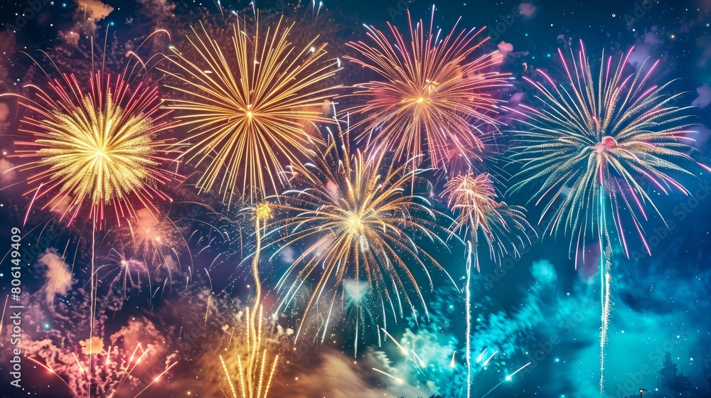 Poster a fireworks display with a blue sky background. the fireworks are in different colors and are lit up