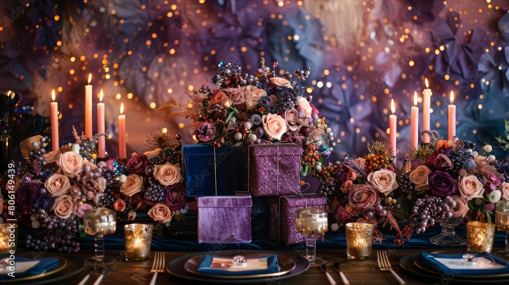 Poster a table with a purple background and a purple tablecloth. there are many candles on the table, and a