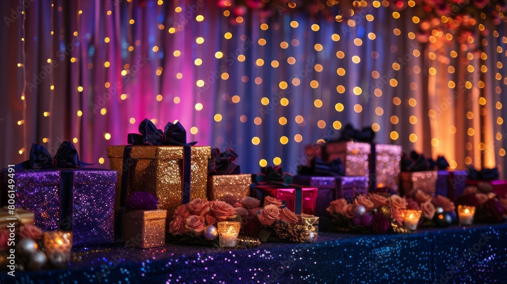 Poster A table with many boxes of gifts and flowers. The table is decorated with lights and the boxes are of different sizes and colors. Scene is festive and celebratory