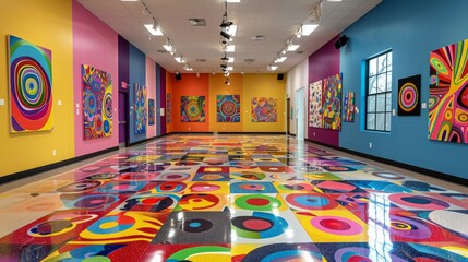 A large room with many colorful paintings on the walls. The paintings are all different sizes and colors, and they are arranged in a way that creates a sense of movement and energy