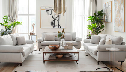 Fototapeta premium Interior of bright living room with cozy grey sofas and coffee table