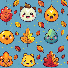 Vivid Leaves Pattern Kawaii Chibi Graphic, Seamless Pattern