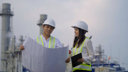 Two engineers, one male and one female, wearing hard hats and reflective vests, are examining blueprints at a large industrial plant.
