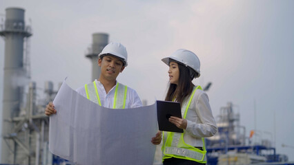 Two engineers, one male and one female, wearing hard hats and reflective vests, are examining blueprints at a large industrial plant.
