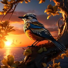 A bird sits on a branch at sunset