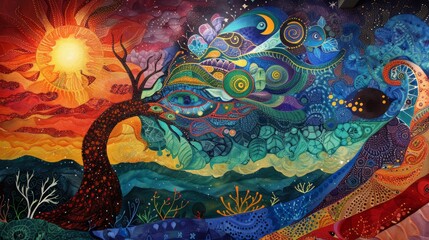 A painting of a tree with a sun in the background. The painting is full of colors and has a dreamy, whimsical feel to it