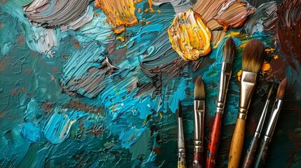 A painting with a blue background and a bunch of paintbrushes on it. The mood of the painting is creative and artistic