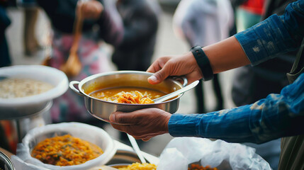 A person serving soup to another at an outdoor charity event.