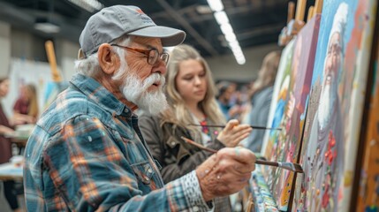 An older man is painting a picture while a young woman watches