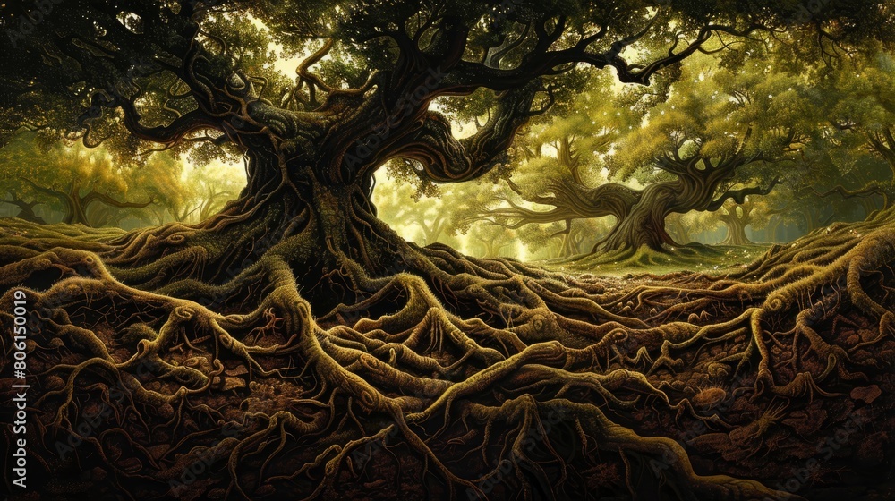 Aufkleber a painting of a forest with a large tree in the center. the tree has many roots and branches, and th