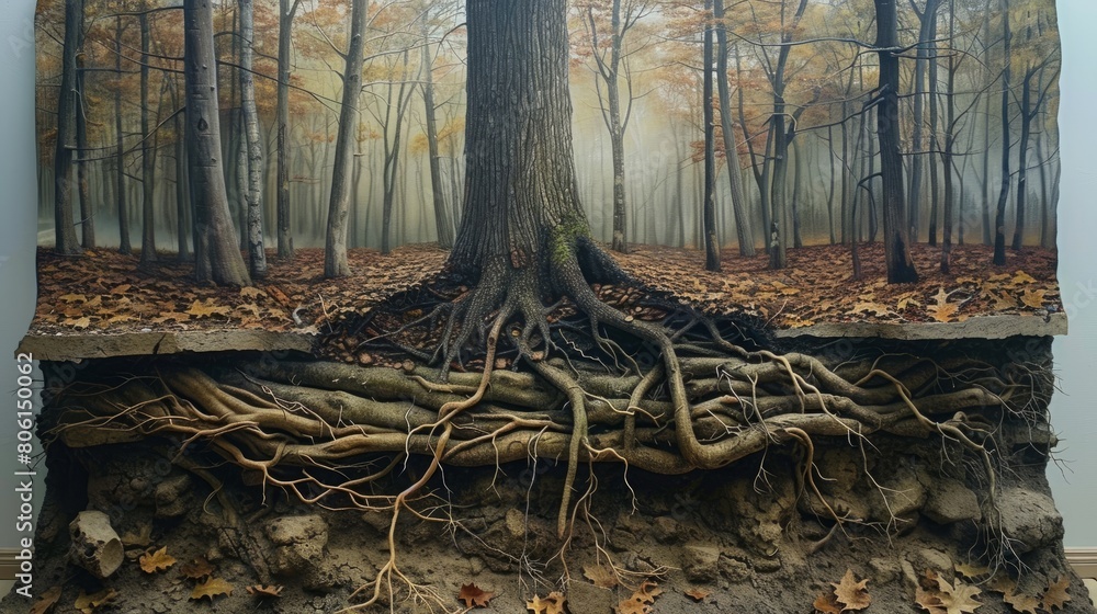 Aufkleber A painting of a tree with its roots showing. The roots of the tree are shown in the foreground and the rest of the tree is in the background